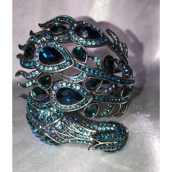 Peacock Bracelet Art Deco Rhinestone Hinged Cuff Wrap Clamp Aqua Blue - Picture 2 of 11